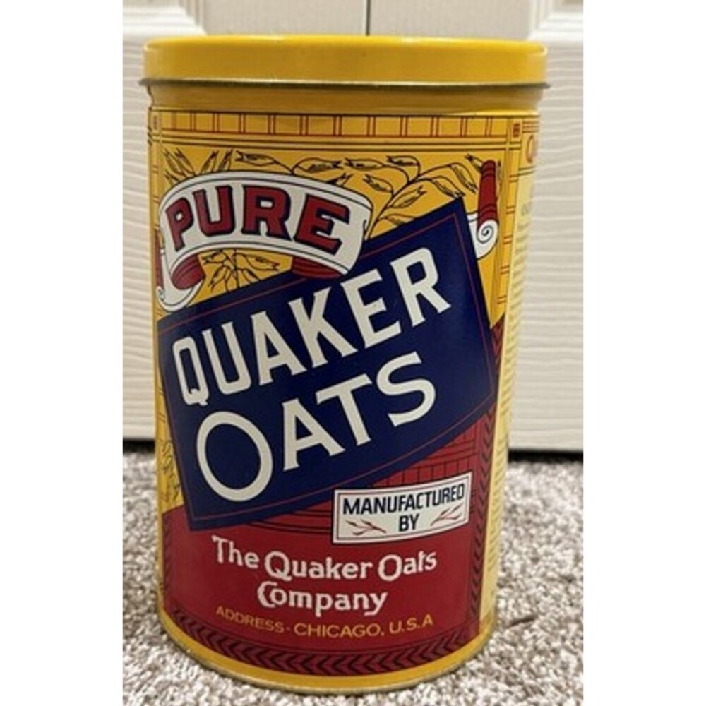 1984 advertising promo QUAKER OATS TIN cylindrical cookie jar METAL CANISTER
